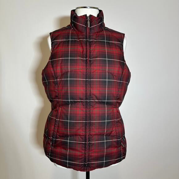 Eddie Bauer Red Tartan Plaid Premium Goose Down Puffer Vest Jacket Zip Womens XS - Picture 1 of 12